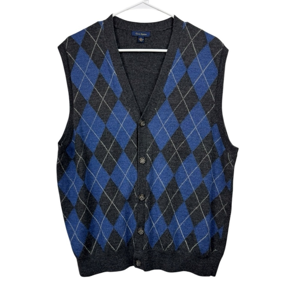 Club Room Size Large Merino Sweater Vest Button Up Diamond Argyle Golf Academia